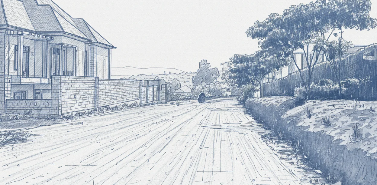 Blueprint-style drawing of a road in Africa